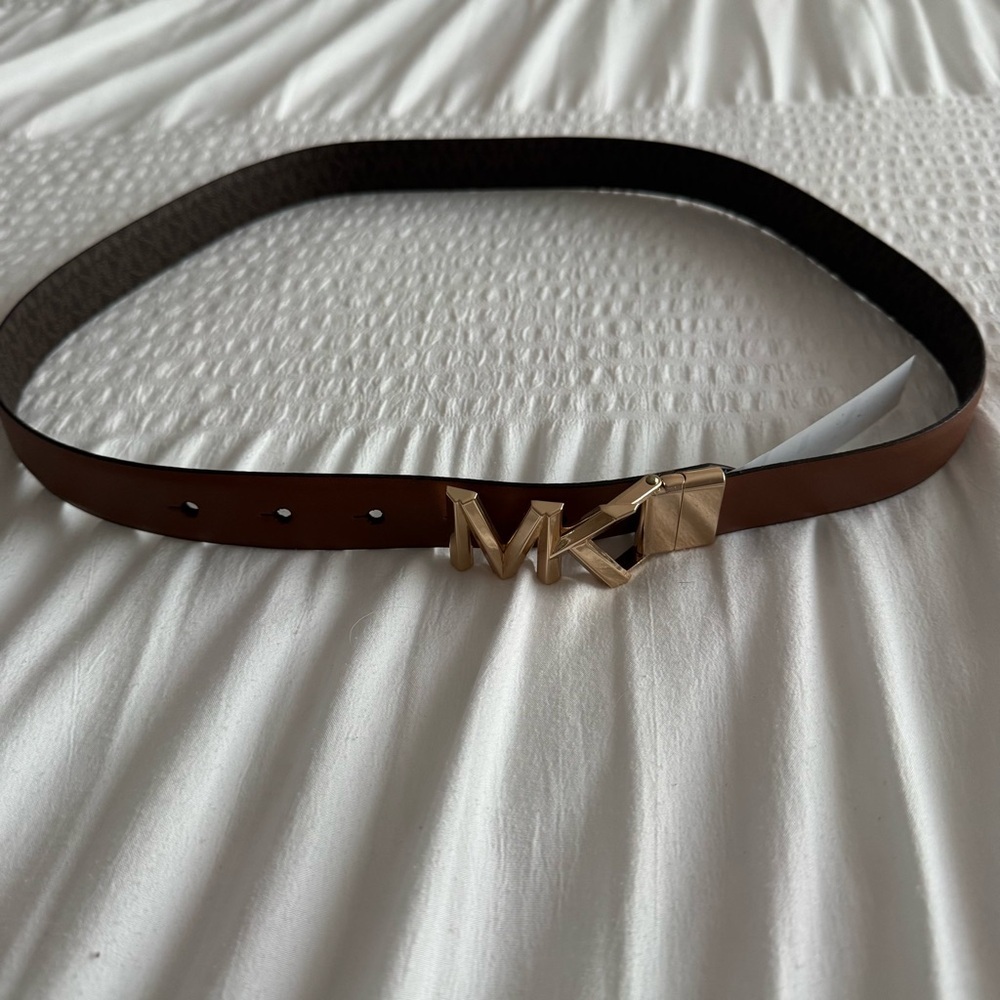Michael Kors Dark Brown Reversible Belt with Gold MK Buckle - Picture 2 of 8